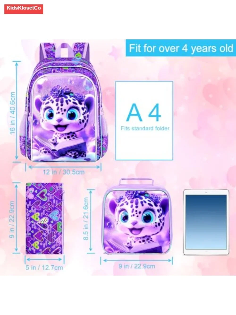 Girls Leopard Backpack Set with Lunch Box and Pen Case, Water Resistant